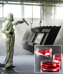 Worker using a sprayer; inset image of cell culture plates